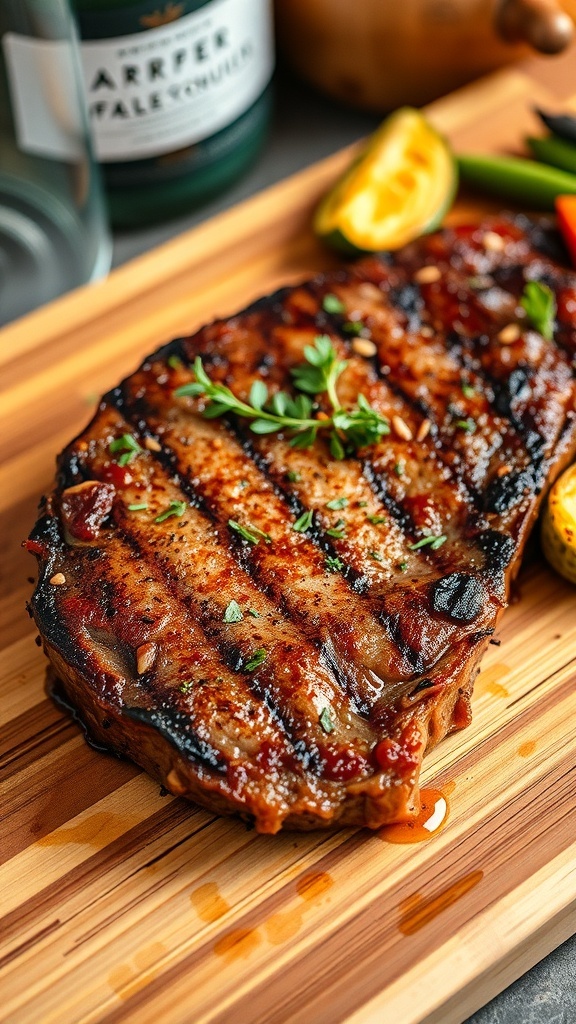 A medium rare steak with a golden crust, garnished with herbs, on a cutting board with roasted vegetables.